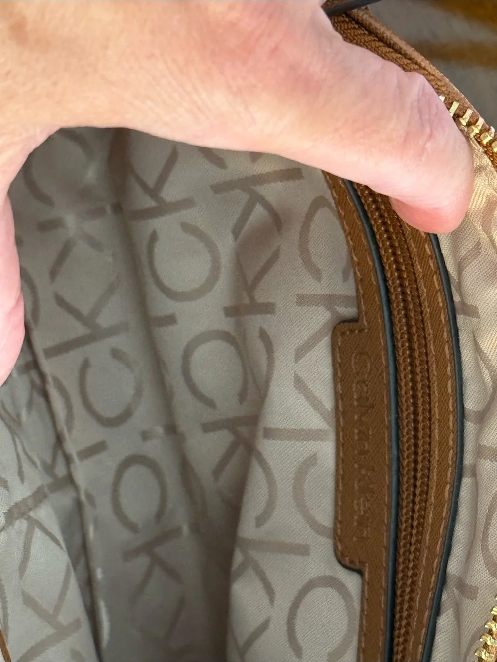 Calvin Klein Beige Monogram Crossbody with Brown Trim